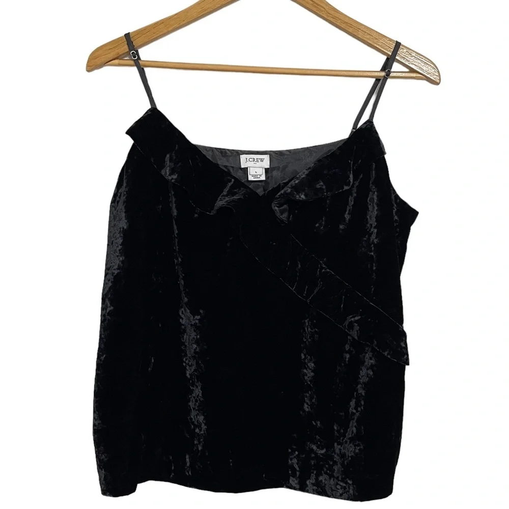 J. Crew Black Velvet Ruffle Camisole Top Size Large
